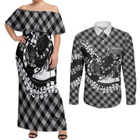 Eleele Hawaii Cowboy Palaka Motifs Personalised Couples Matching Off Shoulder Maxi Dress and Long Sleeve Button Shirt Paniolo Festival Puakenikeni Lei