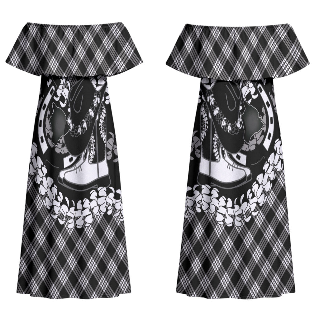 Eleele Hawaii Cowboy Palaka Motifs Personalised Couples Matching Off Shoulder Maxi Dress and Long Sleeve Button Shirt Paniolo Festival Puakenikeni Lei