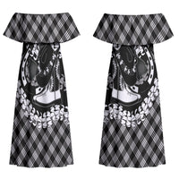 Eleele Hawaii Cowboy Palaka Motifs Personalised Couples Matching Off Shoulder Maxi Dress and Long Sleeve Button Shirt Paniolo Festival Puakenikeni Lei