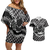 Eleele Hawaii Cowboy Palaka Motifs Personalised Couples Matching Off Shoulder Short Dress and Hawaiian Shirt Paniolo Festival Puakenikeni Lei LT14 Black - Polynesian Pride