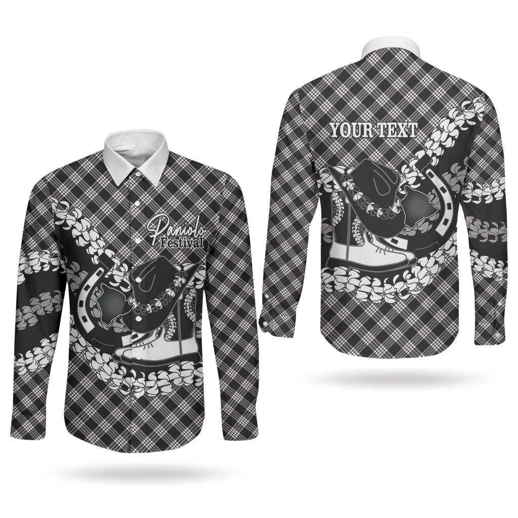 Eleele Hawaii Cowboy Palaka Motifs Personalised Couples Matching Off The Shoulder Long Sleeve Dress and Long Sleeve Button Shirt Paniolo Festival Puakenikeni Lei