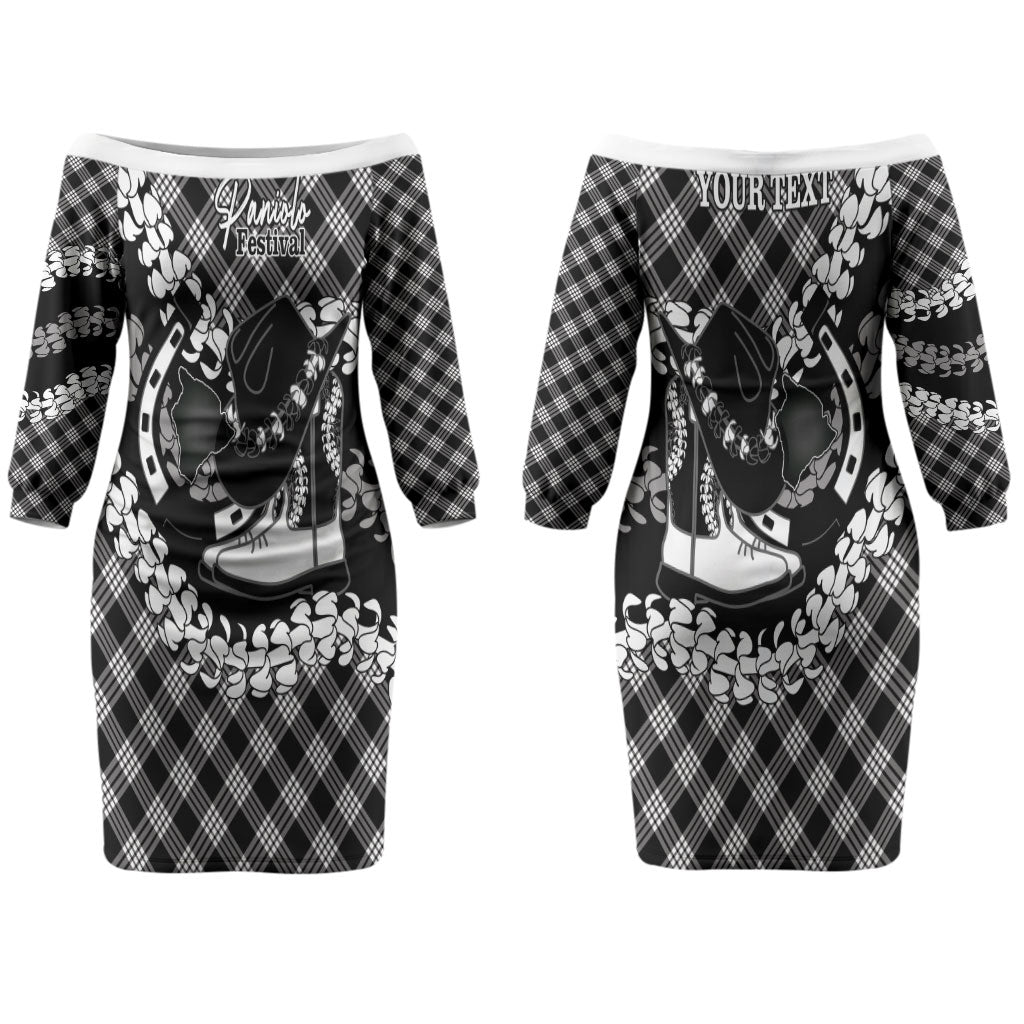 Eleele Hawaii Cowboy Palaka Motifs Personalised Couples Matching Off The Shoulder Long Sleeve Dress and Long Sleeve Button Shirt Paniolo Festival Puakenikeni Lei