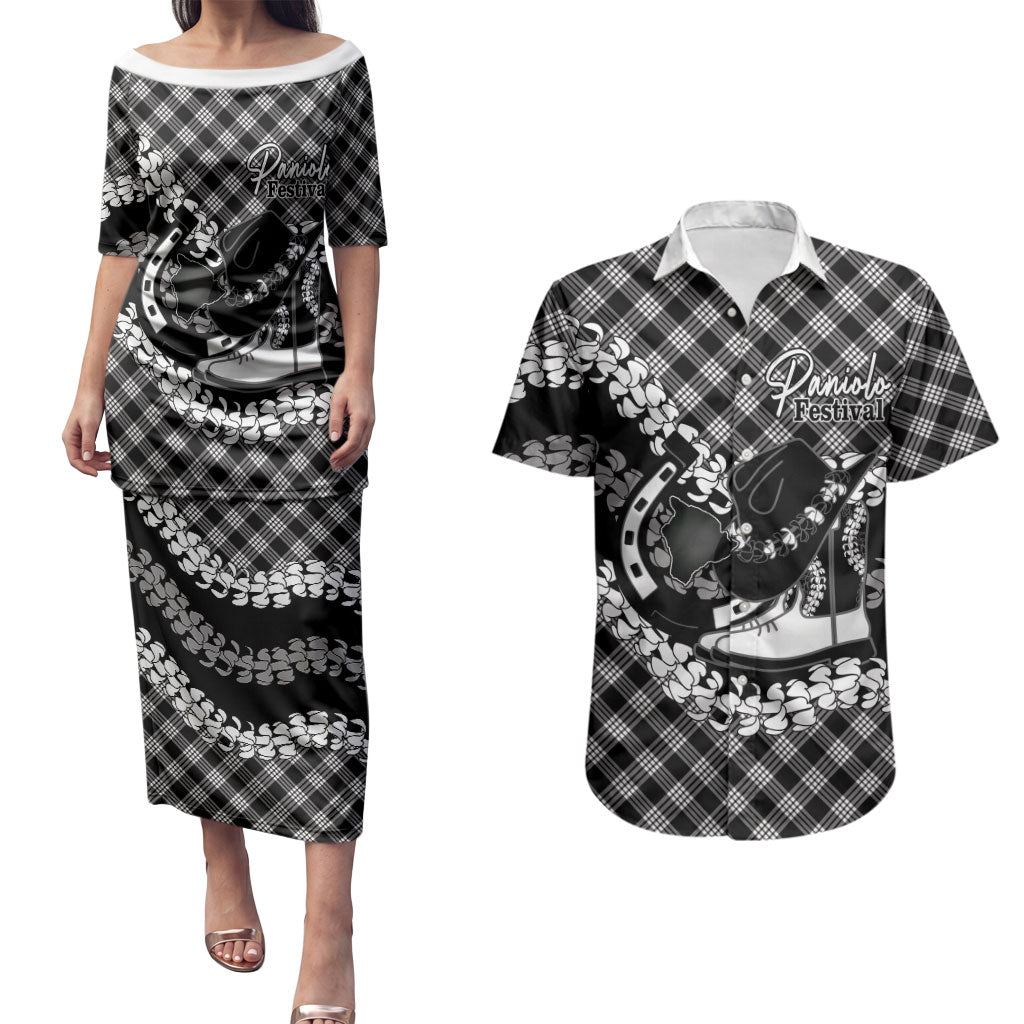 Eleele Hawaii Cowboy Palaka Motifs Personalised Couples Matching Puletasi and Hawaiian Shirt Paniolo Festival Puakenikeni Lei