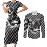 Eleele Hawaii Cowboy Palaka Motifs Personalised Couples Matching Short Sleeve Bodycon Dress and Long Sleeve Button Shirt Paniolo Festival Puakenikeni Lei
