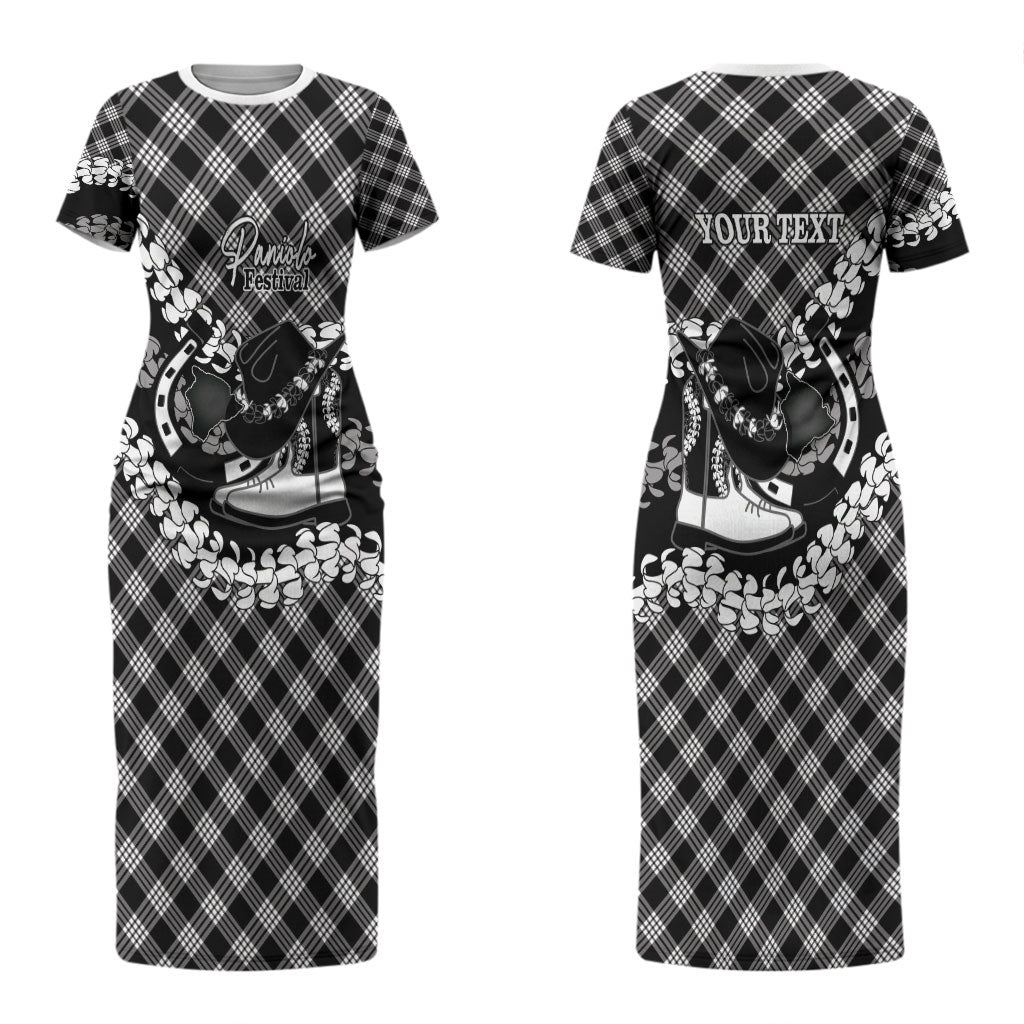 Eleele Hawaii Cowboy Palaka Motifs Personalised Couples Matching Short Sleeve Bodycon Dress and Long Sleeve Button Shirt Paniolo Festival Puakenikeni Lei