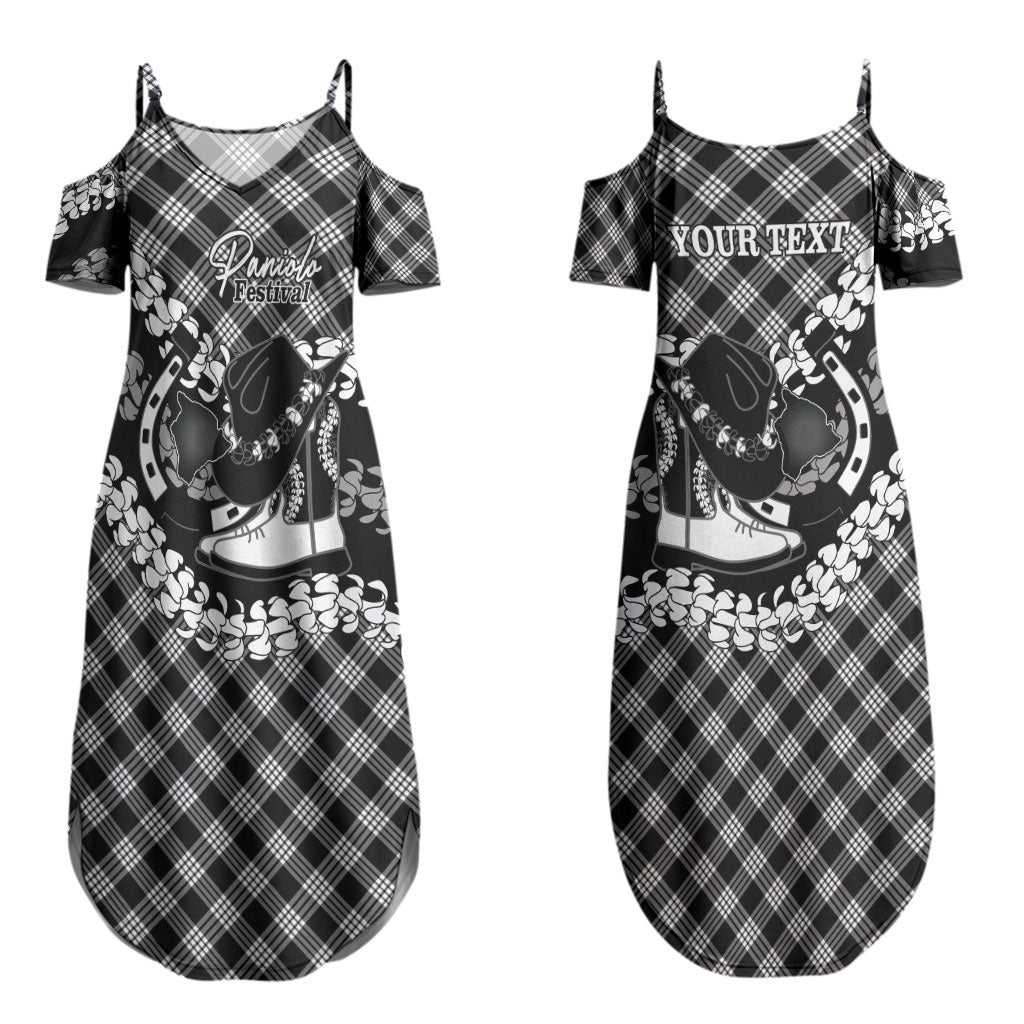 Eleele Hawaii Cowboy Palaka Motifs Personalised Couples Matching Summer Maxi Dress and Long Sleeve Button Shirt Paniolo Festival Puakenikeni Lei