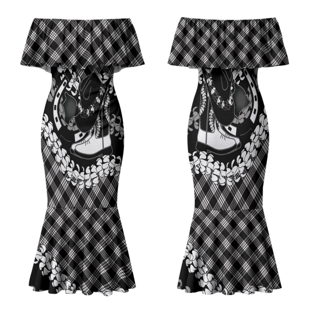Eleele Hawaii Cowboy Palaka Motifs Personalised Family Matching Mermaid Dress and Hawaiian Shirt Paniolo Festival Puakenikeni Lei