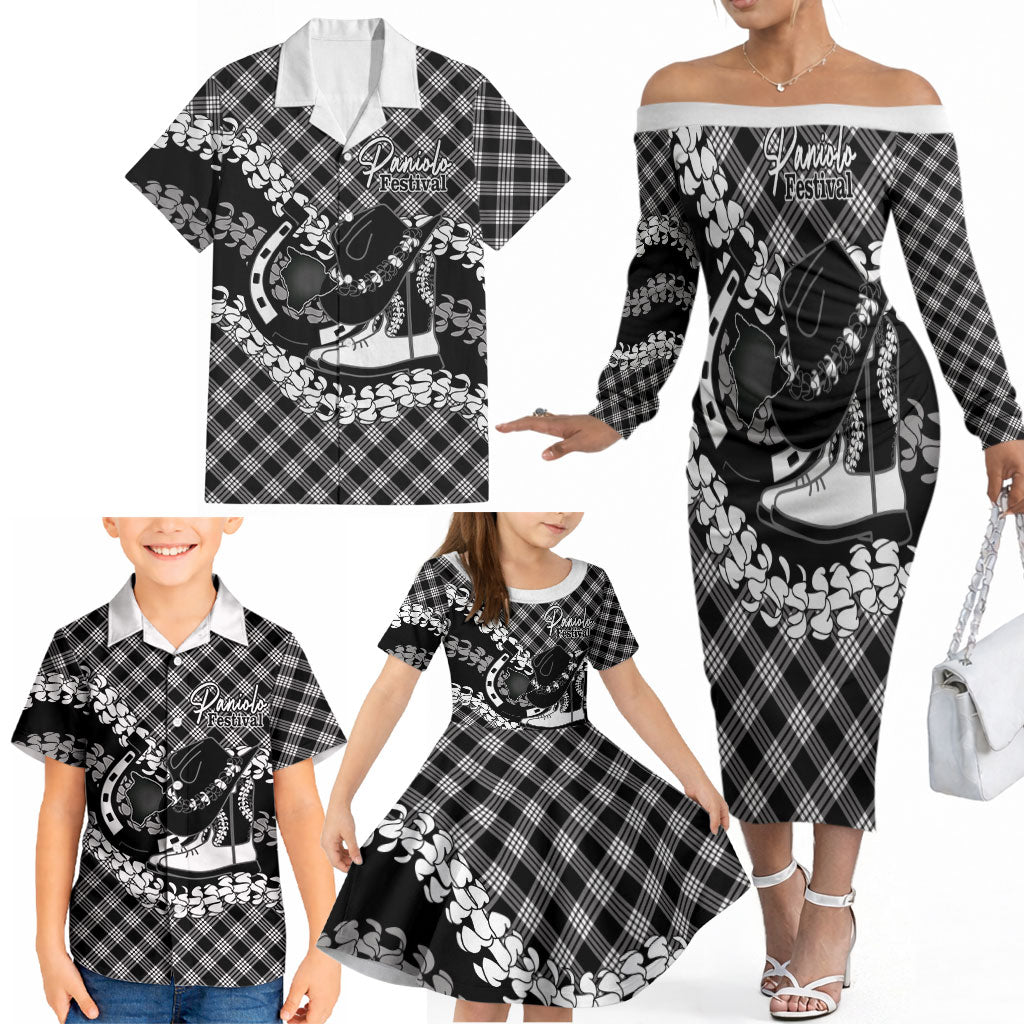 Eleele Hawaii Cowboy Palaka Motifs Personalised Family Matching Off The Shoulder Long Sleeve Dress and Hawaiian Shirt Paniolo Festival Puakenikeni Lei