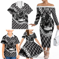 Eleele Hawaii Cowboy Palaka Motifs Personalised Family Matching Off The Shoulder Long Sleeve Dress and Hawaiian Shirt Paniolo Festival Puakenikeni Lei