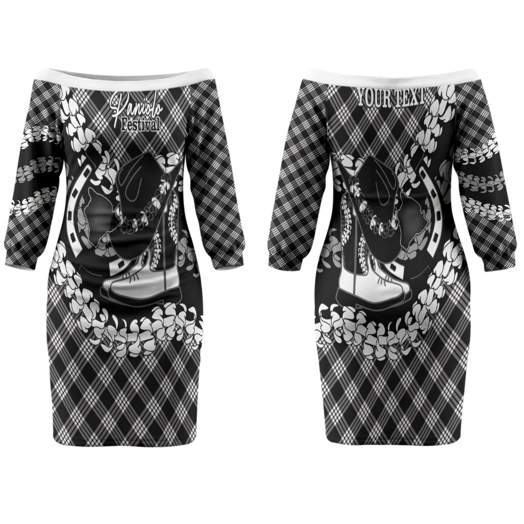 Eleele Hawaii Cowboy Palaka Motifs Personalised Family Matching Off The Shoulder Long Sleeve Dress and Hawaiian Shirt Paniolo Festival Puakenikeni Lei