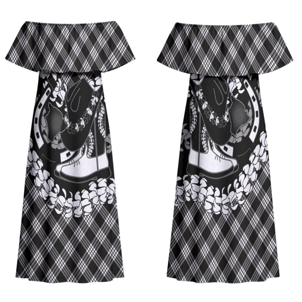 Eleele Hawaii Cowboy Palaka Motifs Personalised Family Matching Off Shoulder Maxi Dress and Hawaiian Shirt Paniolo Festival Puakenikeni Lei