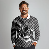 Eleele Hawaii Cowboy Palaka Motifs Personalised Long Sleeve Polo Shirt Paniolo Festival Puakenikeni Lei