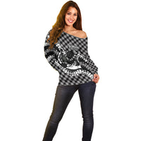 Eleele Hawaii Cowboy Palaka Motifs Personalised Off Shoulder Sweater Paniolo Festival Puakenikeni Lei