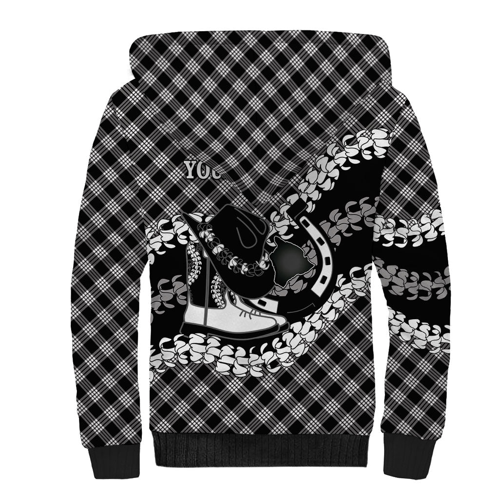 Eleele Hawaii Cowboy Palaka Motifs Personalised Sherpa Hoodie Paniolo Festival Puakenikeni Lei