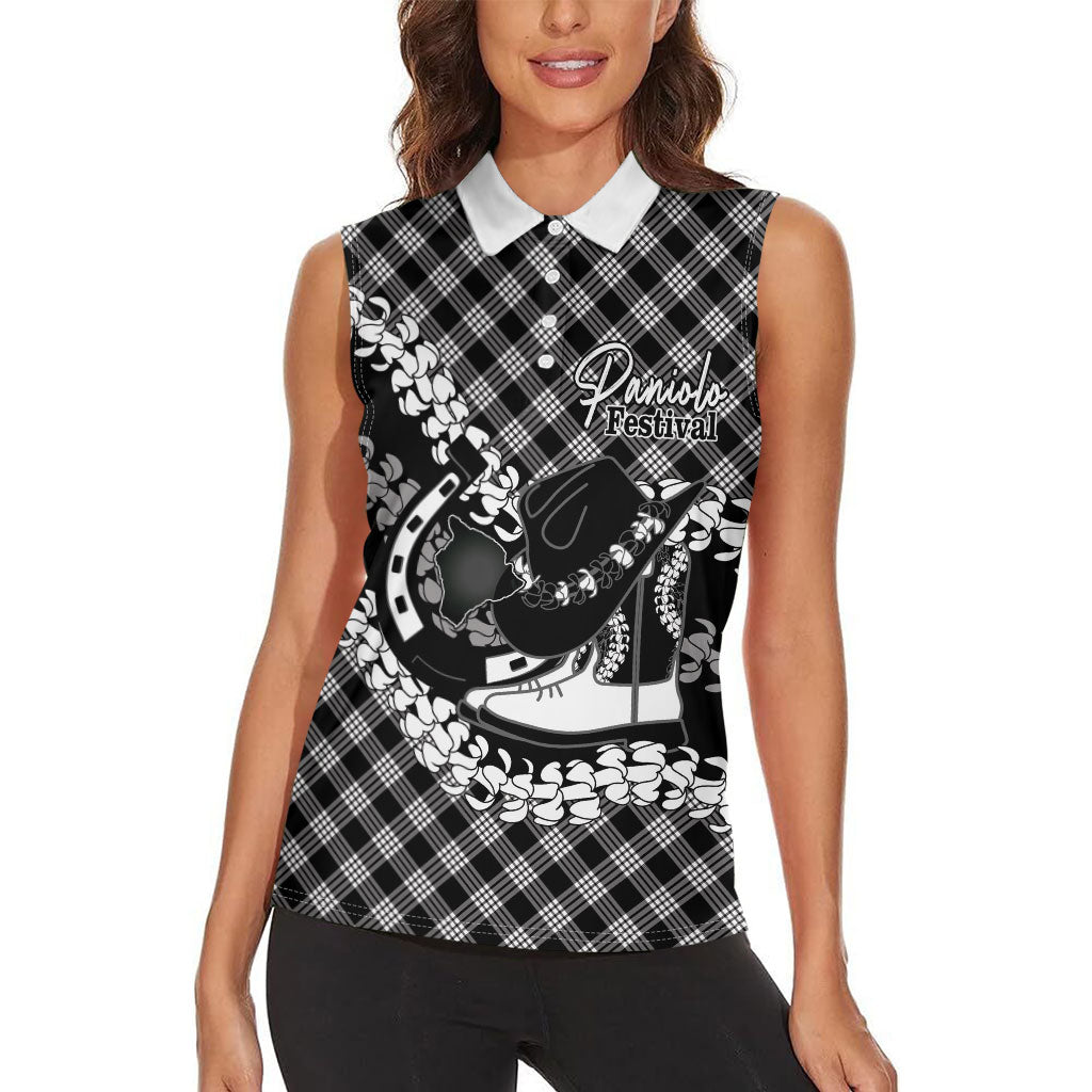 Eleele Hawaii Cowboy Palaka Motifs Personalised Women Sleeveless Polo Shirt Paniolo Festival Puakenikeni Lei LT14 - Polynesian Pride
