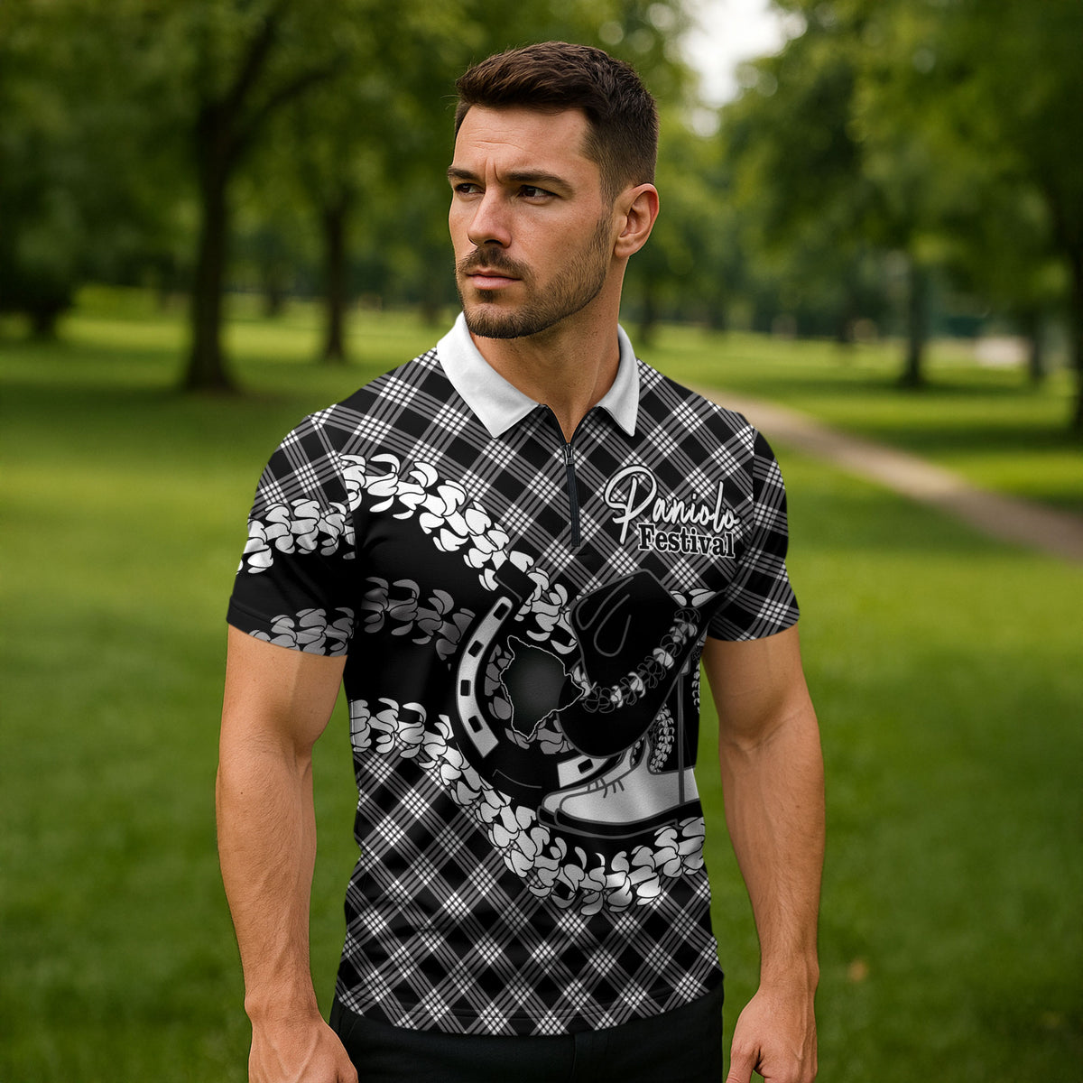 Eleele Hawaii Cowboy Palaka Motifs Personalised Zipper Polo Shirt Paniolo Festival Puakenikeni Lei LT14 - Polynesian Pride