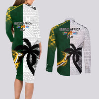 South Africa And Fiji Rugby Couples Matching Long Sleeve Bodycon Dress and Long Sleeve Button Shirts 2023 World Cup Fijian Tapa With Kente Pattern LT14 - Polynesian Pride