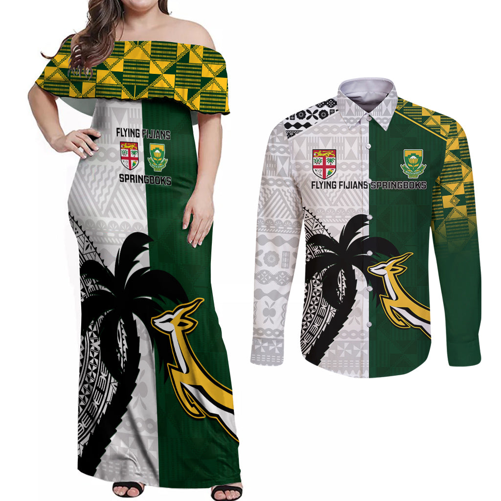 South Africa And Fiji Rugby Couples Matching Off Shoulder Maxi Dress and Long Sleeve Button Shirts 2023 World Cup Fijian Tapa With Kente Pattern LT14 Green - Polynesian Pride