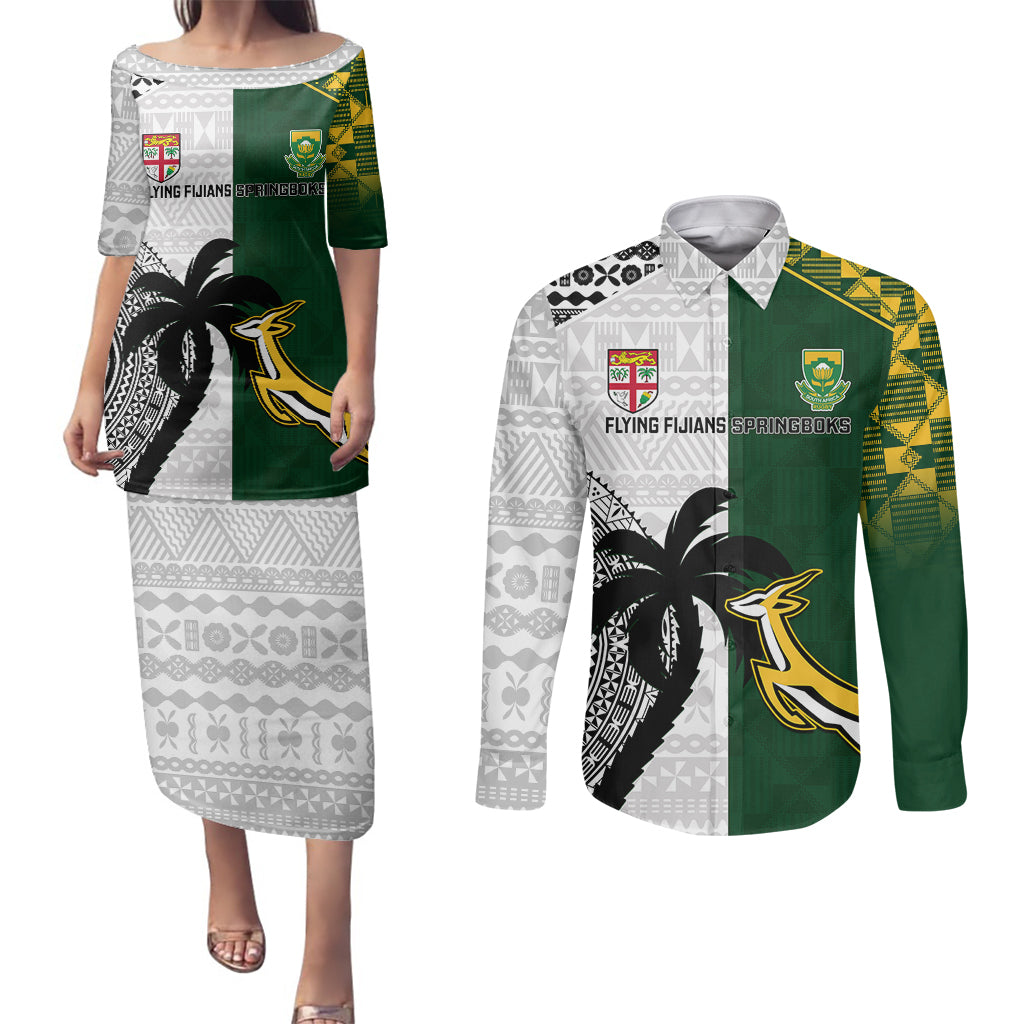 South Africa And Fiji Rugby Couples Matching Puletasi Dress and Long Sleeve Button Shirts 2023 World Cup Fijian Tapa With Kente Pattern LT14 Green - Polynesian Pride