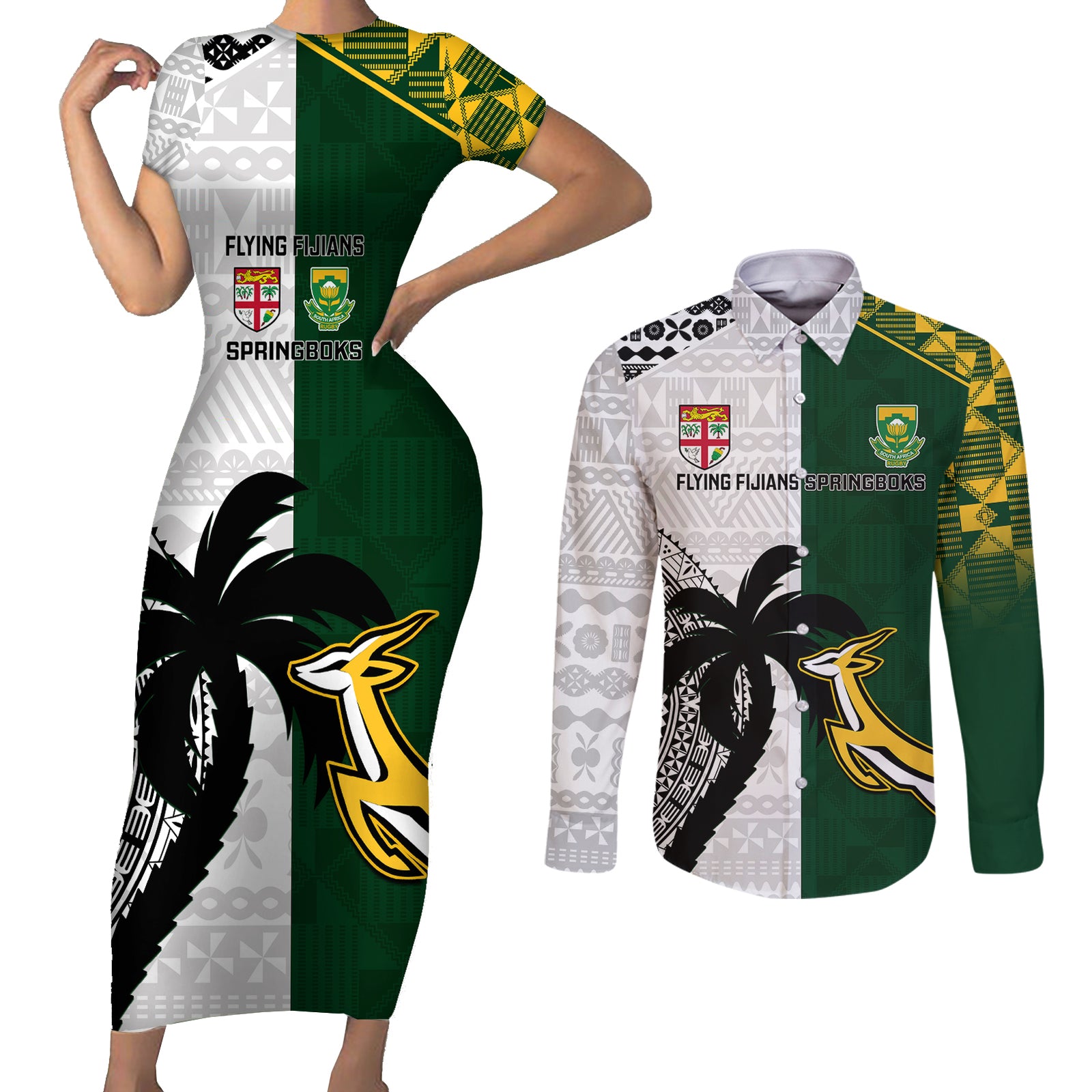 South Africa And Fiji Rugby Couples Matching Short Sleeve Bodycon Dress and Long Sleeve Button Shirts 2023 World Cup Fijian Tapa With Kente Pattern LT14 Green - Polynesian Pride