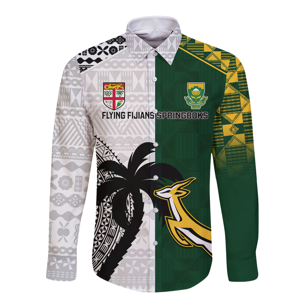 South Africa And Fiji Rugby Long Sleeve Button Shirt 2023 World Cup Fijian Tapa With Kente Pattern LT14 Unisex Green - Polynesian Pride