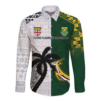 South Africa And Fiji Rugby Long Sleeve Button Shirt 2023 World Cup Fijian Tapa With Kente Pattern LT14 Unisex Green - Polynesian Pride