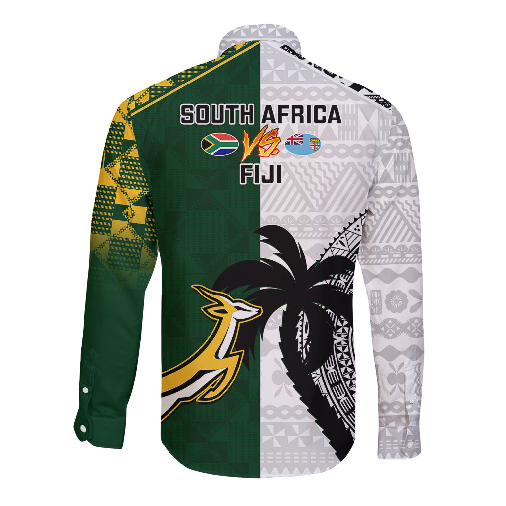 South Africa And Fiji Rugby Long Sleeve Button Shirt 2023 World Cup Fijian Tapa With Kente Pattern LT14 - Polynesian Pride