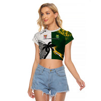South Africa And Fiji Rugby Raglan Cropped T Shirt 2023 World Cup Fijian Tapa With Kente Pattern LT14 Female Green - Polynesian Pride