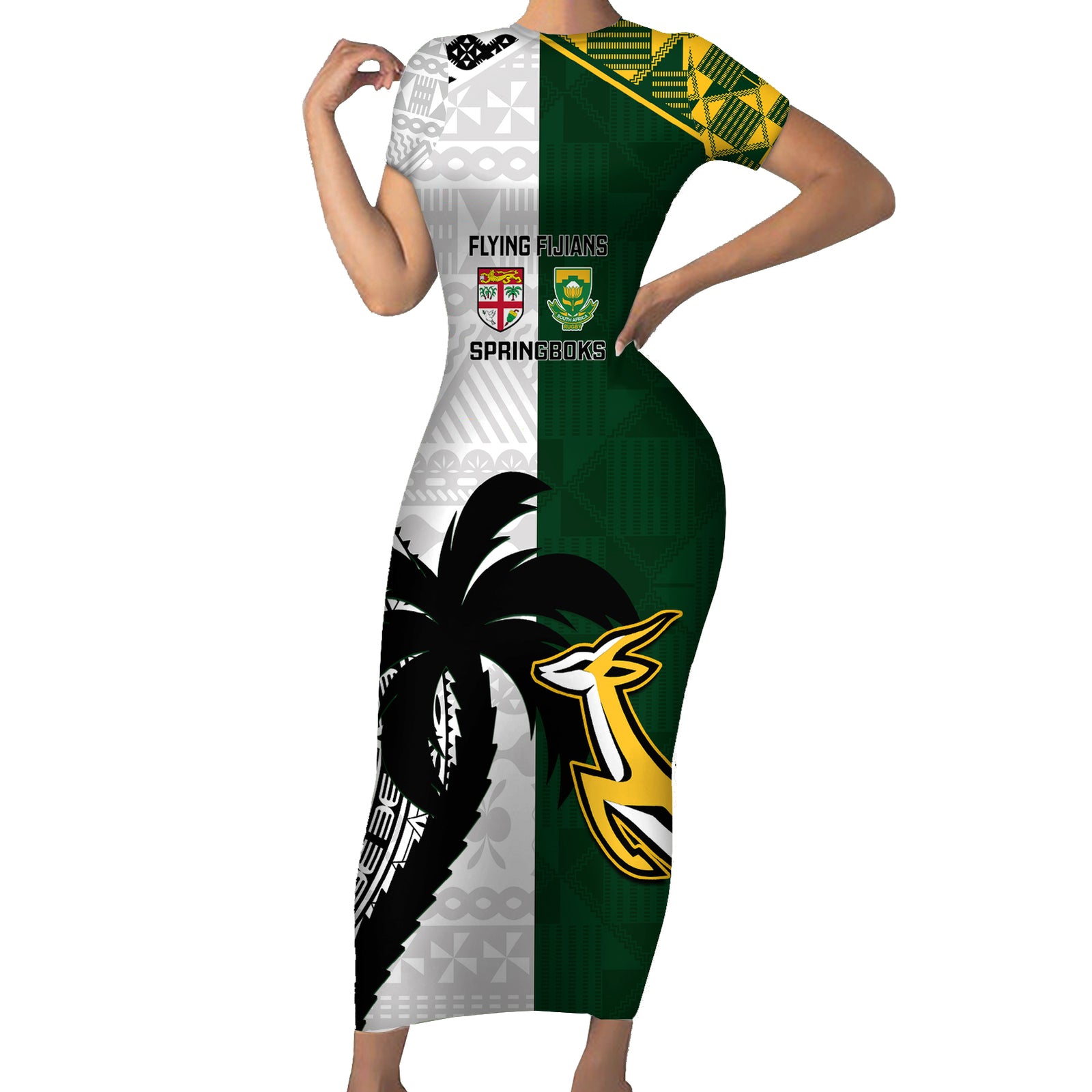 South Africa And Fiji Rugby Short Sleeve Bodycon Dress 2023 World Cup Fijian Tapa With Kente Pattern LT14 Long Dress Green - Polynesian Pride