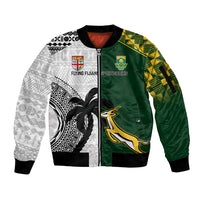 South Africa And Fiji Rugby Sleeve Zip Bomber Jacket 2023 World Cup Fijian Tapa With Kente Pattern LT14 Unisex Green - Polynesian Pride