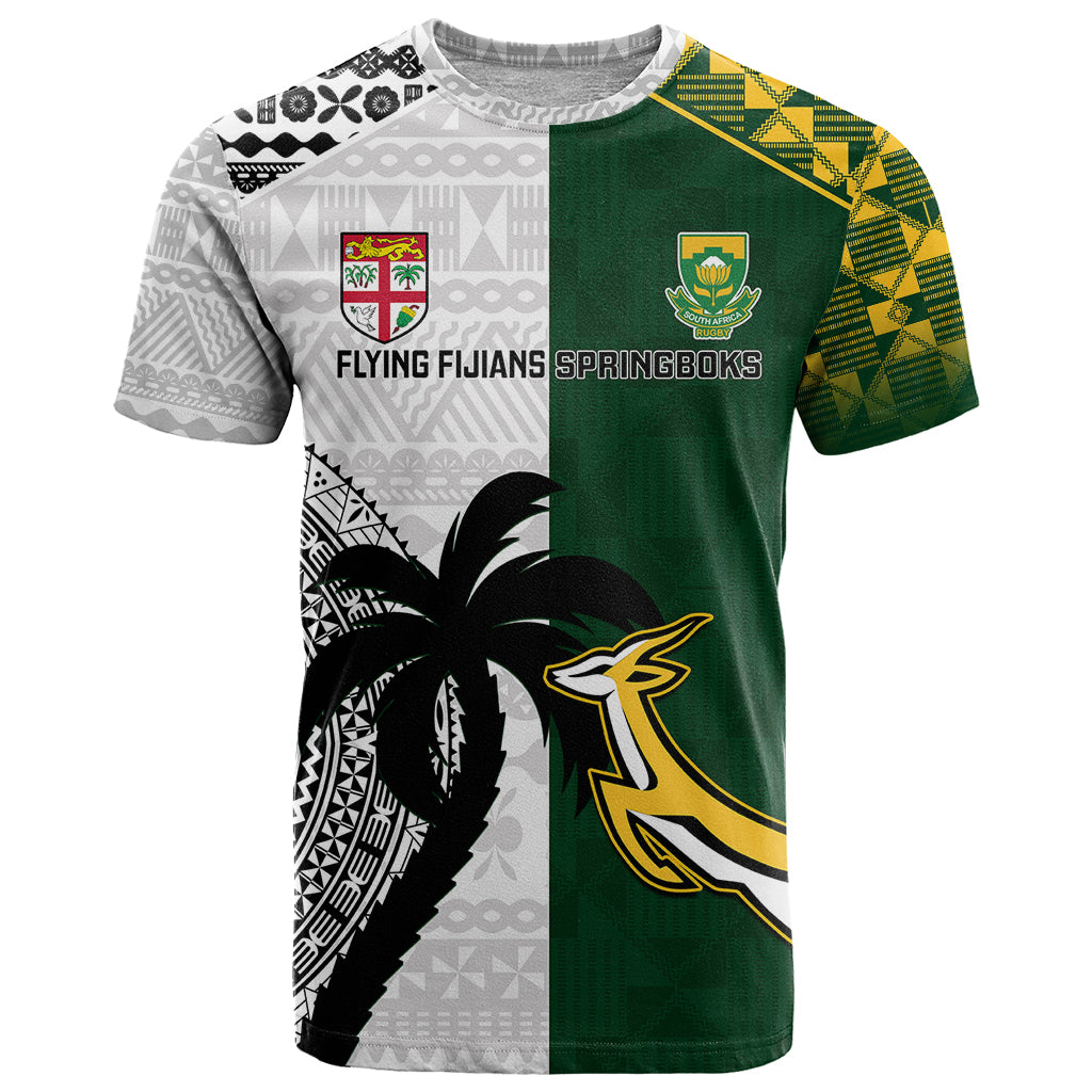 South Africa And Fiji Rugby T Shirt 2023 World Cup Fijian Tapa With Kente Pattern LT14 Green - Polynesian Pride