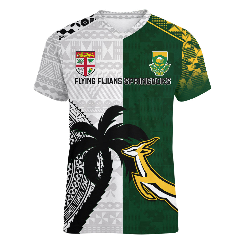 South Africa And Fiji Rugby Women V Neck T Shirt 2023 World Cup Fijian Tapa With Kente Pattern LT14 Female Green - Polynesian Pride