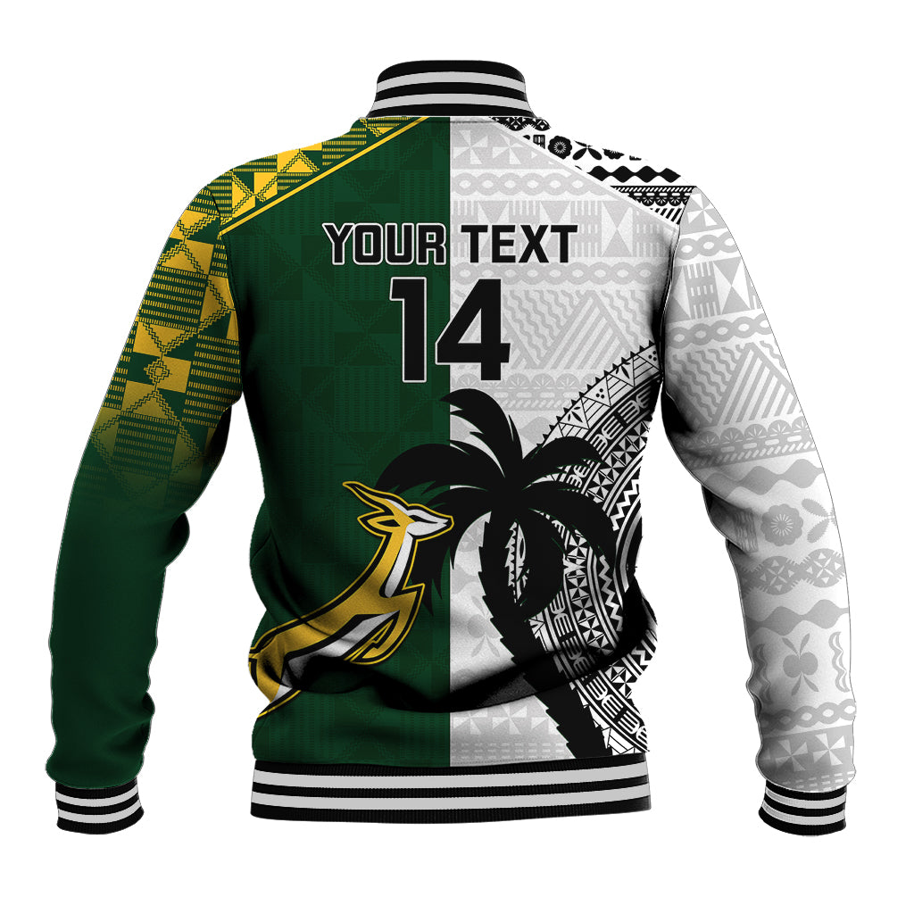 Custom South Africa And Fiji Rugby Baseball Jacket 2023 World Cup Fijian Tapa With Kente Pattern LT14 - Polynesian Pride