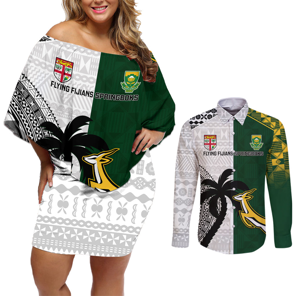 Custom South Africa And Fiji Rugby Couples Matching Off Shoulder Short Dress and Long Sleeve Button Shirts 2023 World Cup Fijian Tapa With Kente Pattern LT14 Green - Polynesian Pride