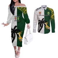 Custom South Africa And Fiji Rugby Couples Matching Off The Shoulder Long Sleeve Dress and Long Sleeve Button Shirts 2023 World Cup Fijian Tapa With Kente Pattern LT14 Green - Polynesian Pride