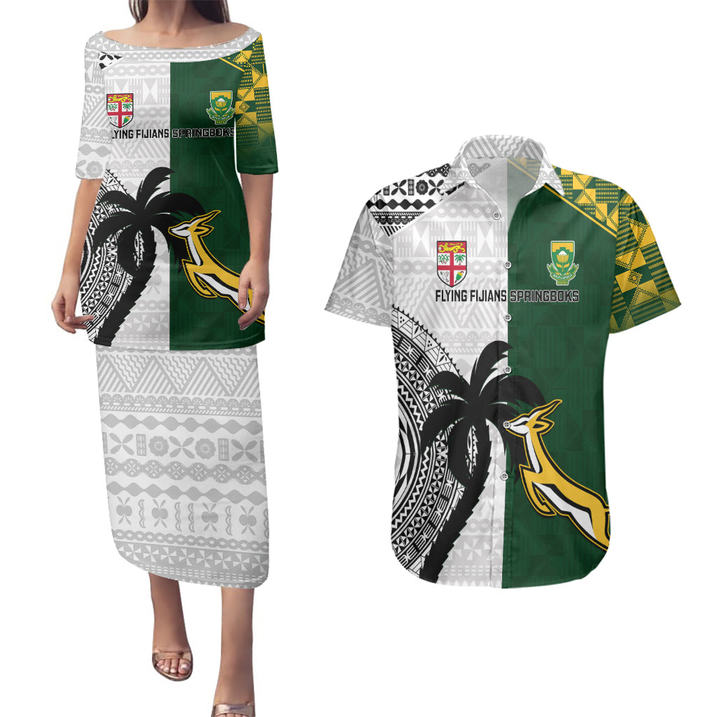 Custom South Africa And Fiji Rugby Couples Matching Puletasi Dress and Hawaiian Shirt 2023 World Cup Fijian Tapa With Kente Pattern LT14 Green - Polynesian Pride