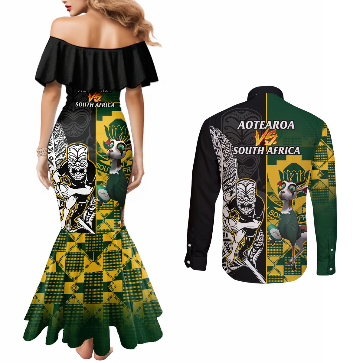 South Africa And Aotearoa Rugby Couples Matching Mermaid Dress and Long Sleeve Button Shirts 2023 Springboks Kente Combine All Black Maori Fern LT14 - Polynesian Pride