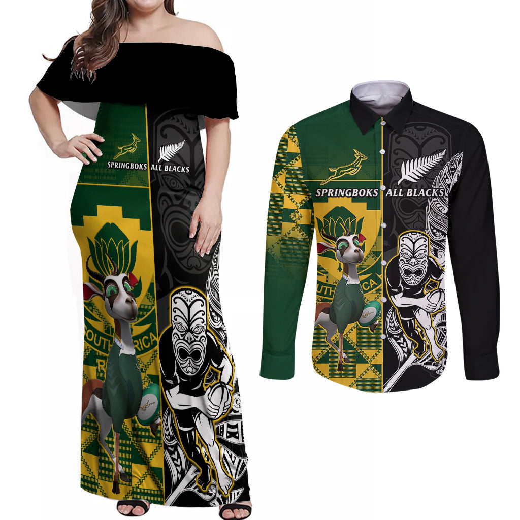 South Africa And Aotearoa Rugby Couples Matching Off Shoulder Maxi Dress and Long Sleeve Button Shirts 2023 Springboks Kente Combine All Black Maori Fern LT14 Green - Polynesian Pride