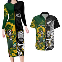 Custom South Africa And Aotearoa Rugby Couples Matching Long Sleeve Bodycon Dress and Hawaiian Shirt 2023 Springboks Kente Combine All Black Maori Fern LT14 Green - Polynesian Pride