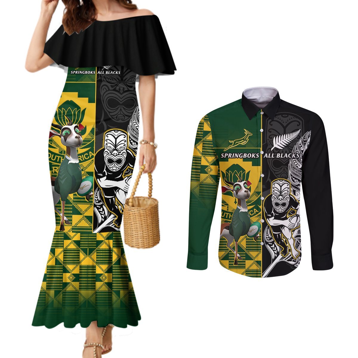 Custom Hela Wigmen Rugby Couples Matching Mermaid Dress and Long Sleeve Button Shirts Papua New Guinea Polynesian Tattoo LT03