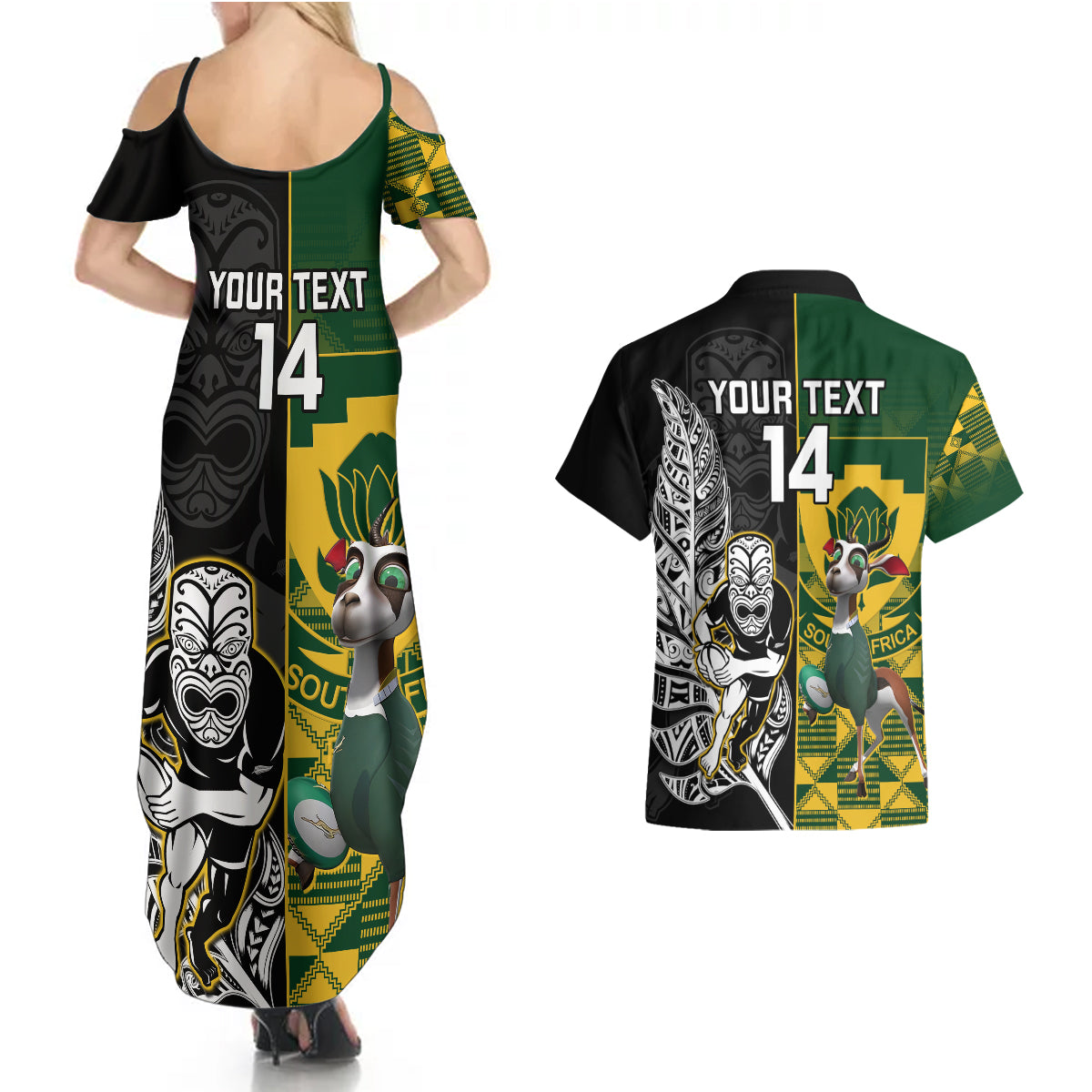 Custom South Africa And Aotearoa Rugby Couples Matching Summer Maxi Dress and Hawaiian Shirt 2023 Springboks Kente Combine All Black Maori Fern LT14 - Polynesian Pride