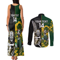 Custom South Africa And Aotearoa Rugby Couples Matching Tank Maxi Dress and Long Sleeve Button Shirts 2023 Springboks Kente Combine All Black Maori Fern LT14 - Polynesian Pride