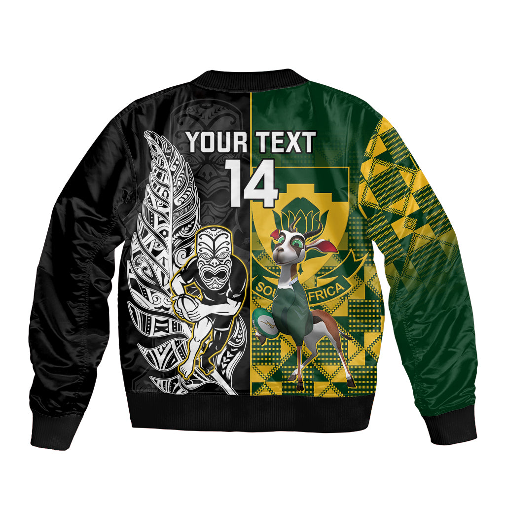 Custom South Africa And Aotearoa Rugby Sleeve Zip Bomber Jacket 2023 Springboks Kente Combine All Black Maori Fern LT14 - Polynesian Pride