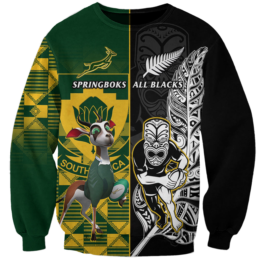 Custom South Africa And Aotearoa Rugby Sweatshirt 2023 Springboks Kente Combine All Black Maori Fern LT14 Unisex Green - Polynesian Pride