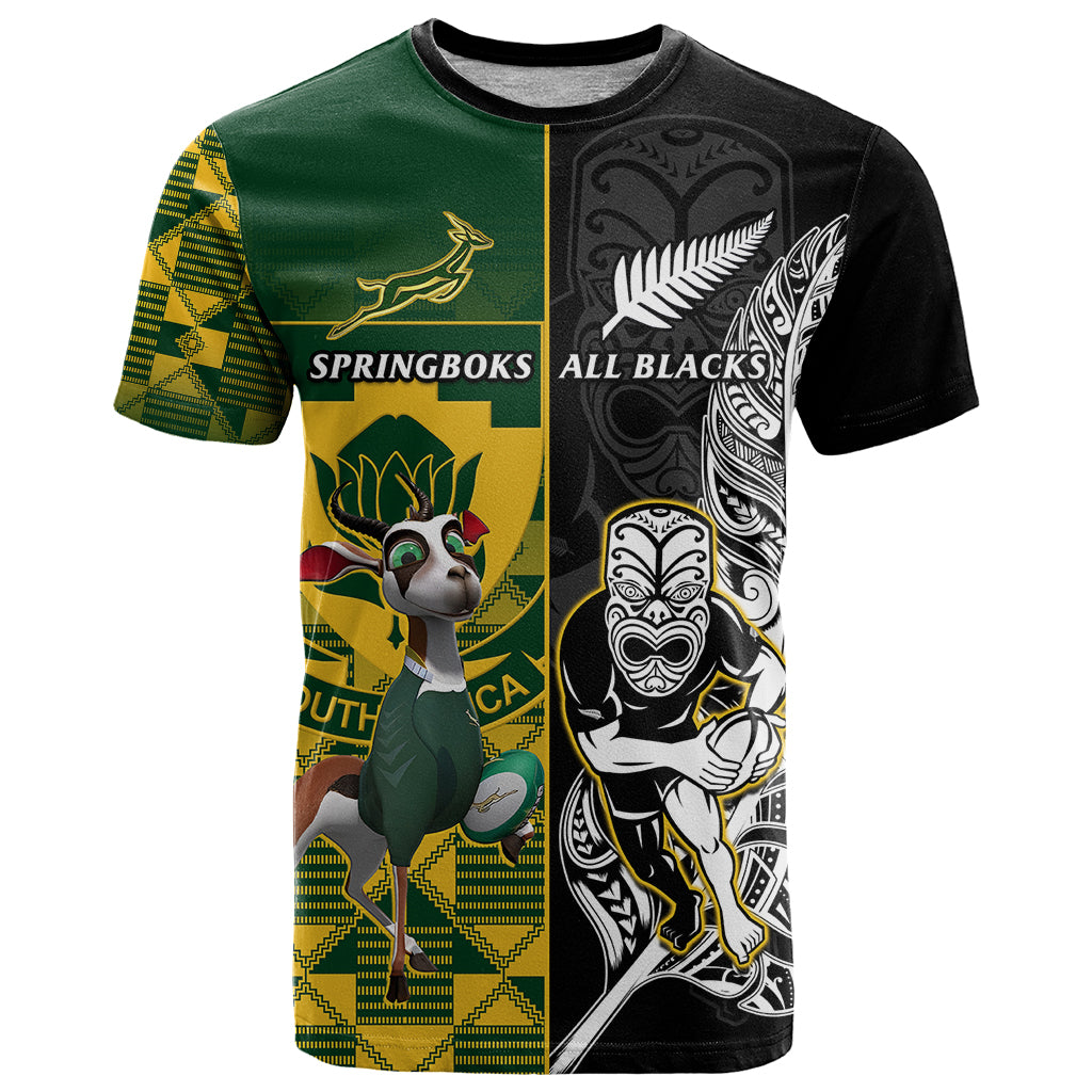 Custom South Africa And Aotearoa Rugby T Shirt 2023 Springboks Kente Combine All Black Maori Fern LT14 Green - Polynesian Pride