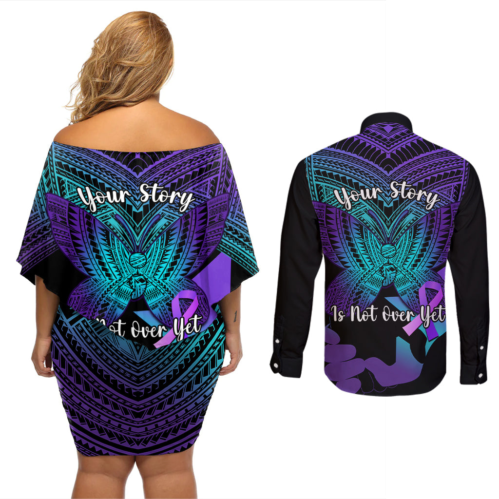 Suicide Awareness Your Story Is Not Over Yet Couples Matching Off Shoulder Short Dress and Long Sleeve Button Shirts Polynesian Butterfly Tattoo LT14 - Polynesian Pride