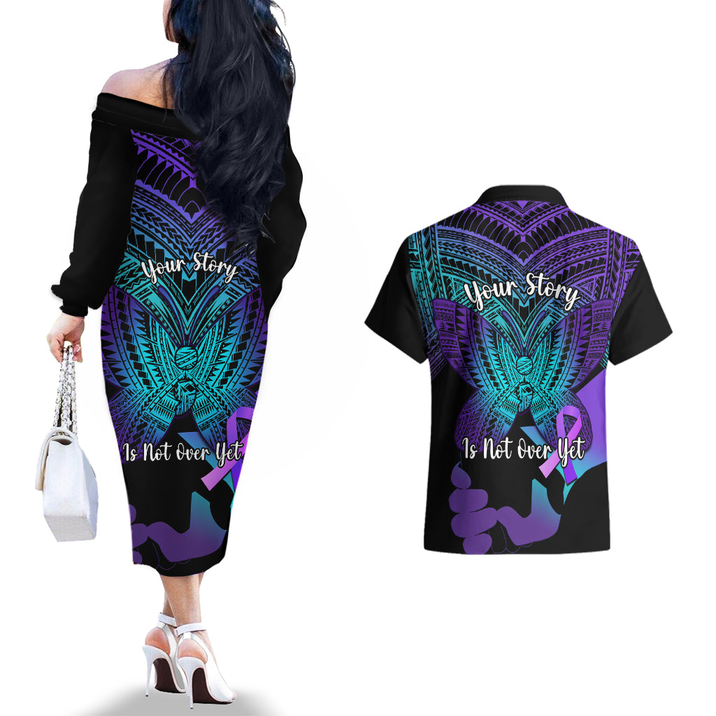Suicide Awareness Your Story Is Not Over Yet Couples Matching Off The Shoulder Long Sleeve Dress and Hawaiian Shirt Polynesian Butterfly Tattoo LT14 - Polynesian Pride