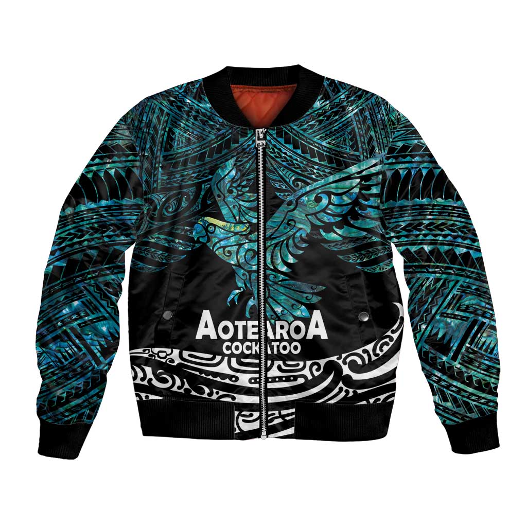 New Zealand Sulphur-crested Cockatoo Bomber Jacket Aotearoa Maori Mix Paua Shell LT14 Unisex Turquoise - Polynesian Pride