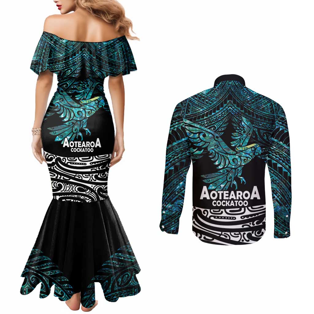 New Zealand Sulphur-crested Cockatoo Couples Matching Mermaid Dress and Long Sleeve Button Shirt Aotearoa Maori Mix Paua Shell