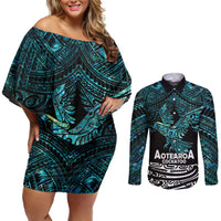 New Zealand Sulphur-crested Cockatoo Couples Matching Off Shoulder Short Dress and Long Sleeve Button Shirt Aotearoa Maori Mix Paua Shell